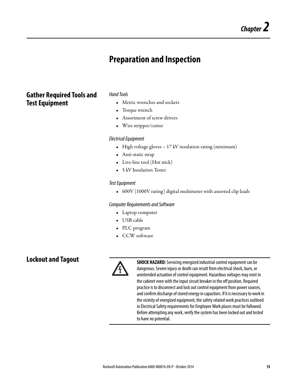 2 - preparation and inspection, Gather required tools and test equipment, Lockout and tagout | Chapter 2, Preparation and inspection, Chapter | Rockwell Automation 6000 PowerFlex Medium Voltage Variable Frequency Drive Commissioning Manual User Manual | Page 15 / 98