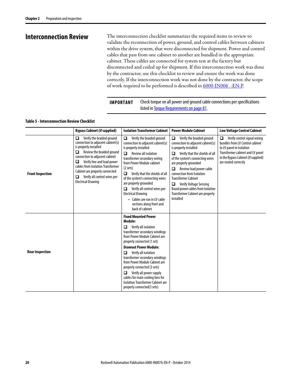 Interconnection review | Rockwell Automation 6000 PowerFlex Medium Voltage Variable Frequency Drive Commissioning Manual User Manual | Page 20 / 98