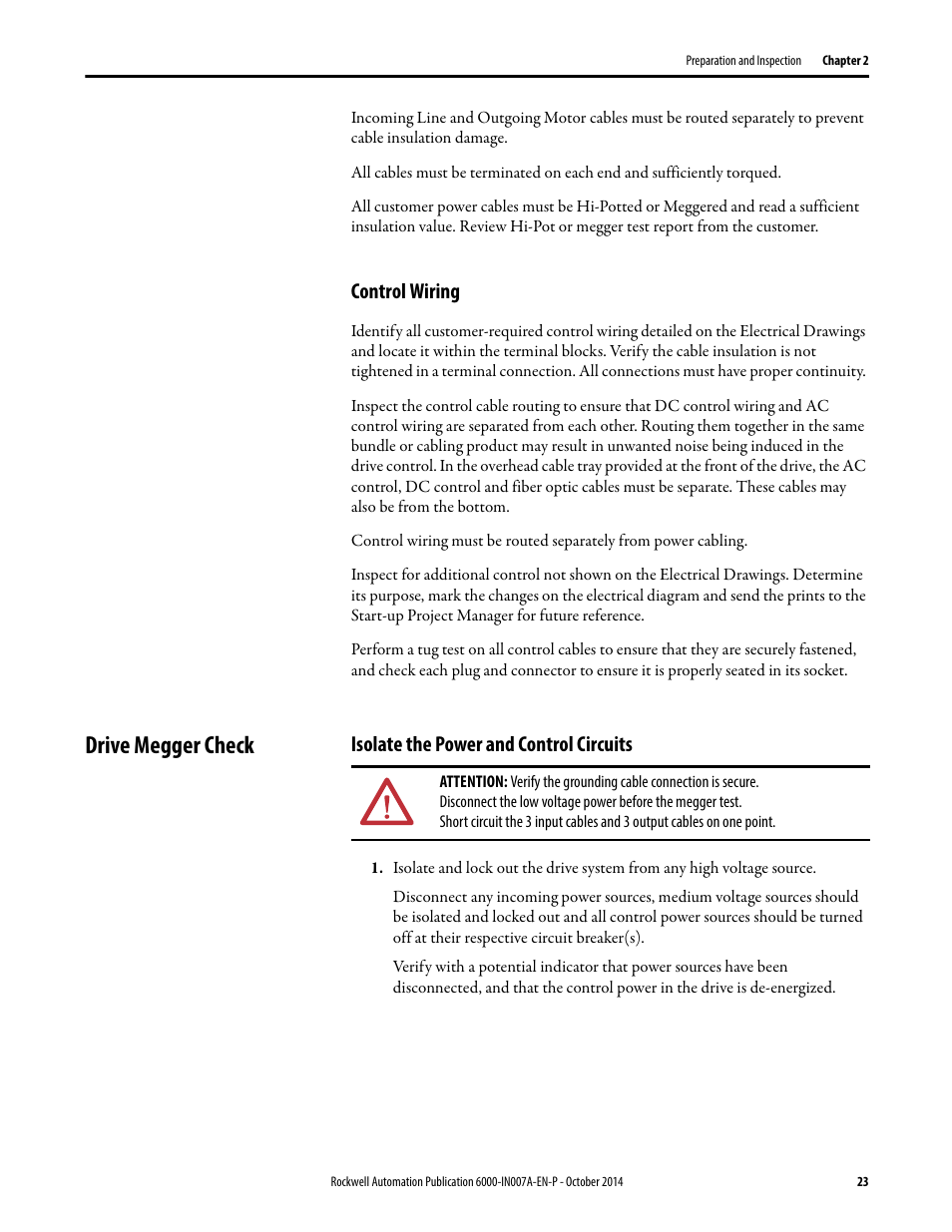 Control wiring, Drive megger check, Isolate the power and control circuits | Rockwell Automation 6000 PowerFlex Medium Voltage Variable Frequency Drive Commissioning Manual User Manual | Page 23 / 98