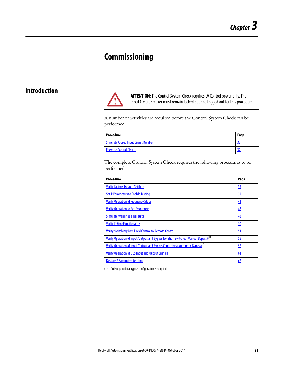 3 - commissioning, Introduction, Chapter 3 | Commissioning, Chapter | Rockwell Automation 6000 PowerFlex Medium Voltage Variable Frequency Drive Commissioning Manual User Manual | Page 31 / 98