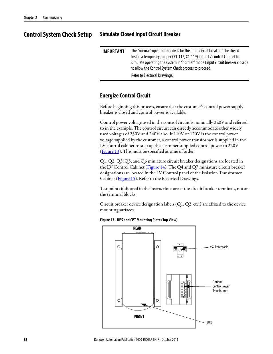 Control system check setup, Simulate closed input circuit breaker, Energize control circuit | Rockwell Automation 6000 PowerFlex Medium Voltage Variable Frequency Drive Commissioning Manual User Manual | Page 32 / 98