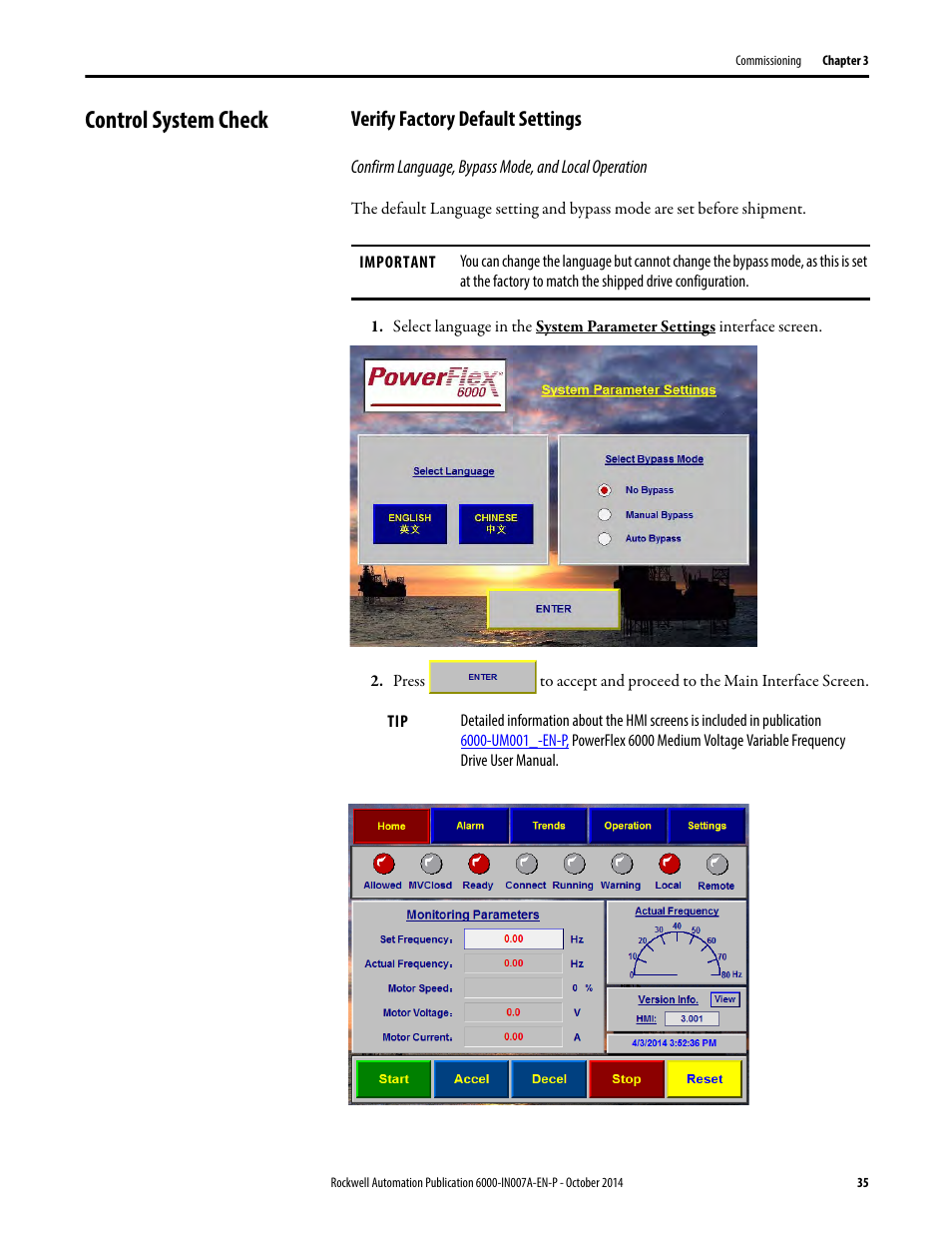 Control system check, Verify factory default settings | Rockwell Automation 6000 PowerFlex Medium Voltage Variable Frequency Drive Commissioning Manual User Manual | Page 35 / 98