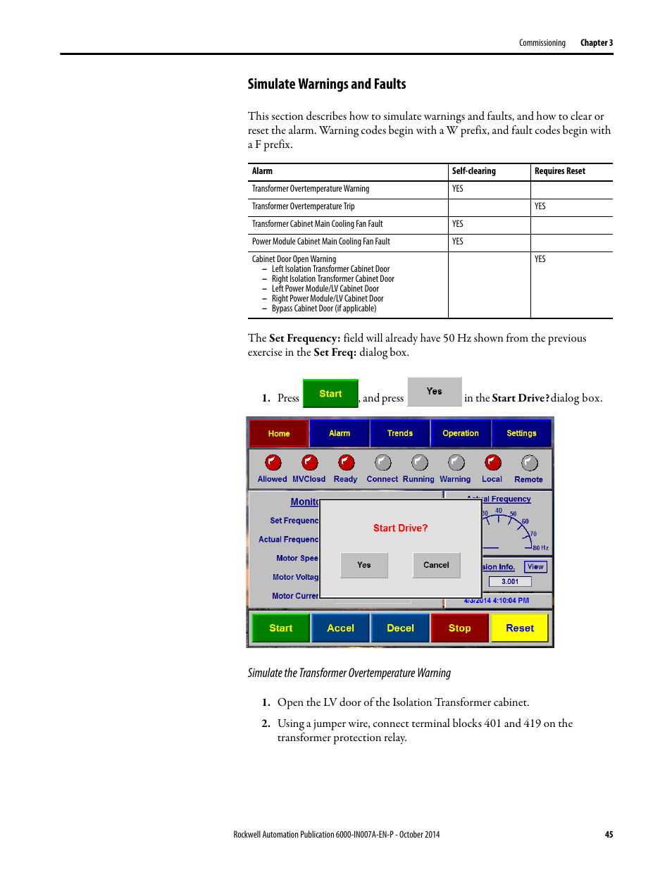 Simulate warnings and faults | Rockwell Automation 6000 PowerFlex Medium Voltage Variable Frequency Drive Commissioning Manual User Manual | Page 45 / 98