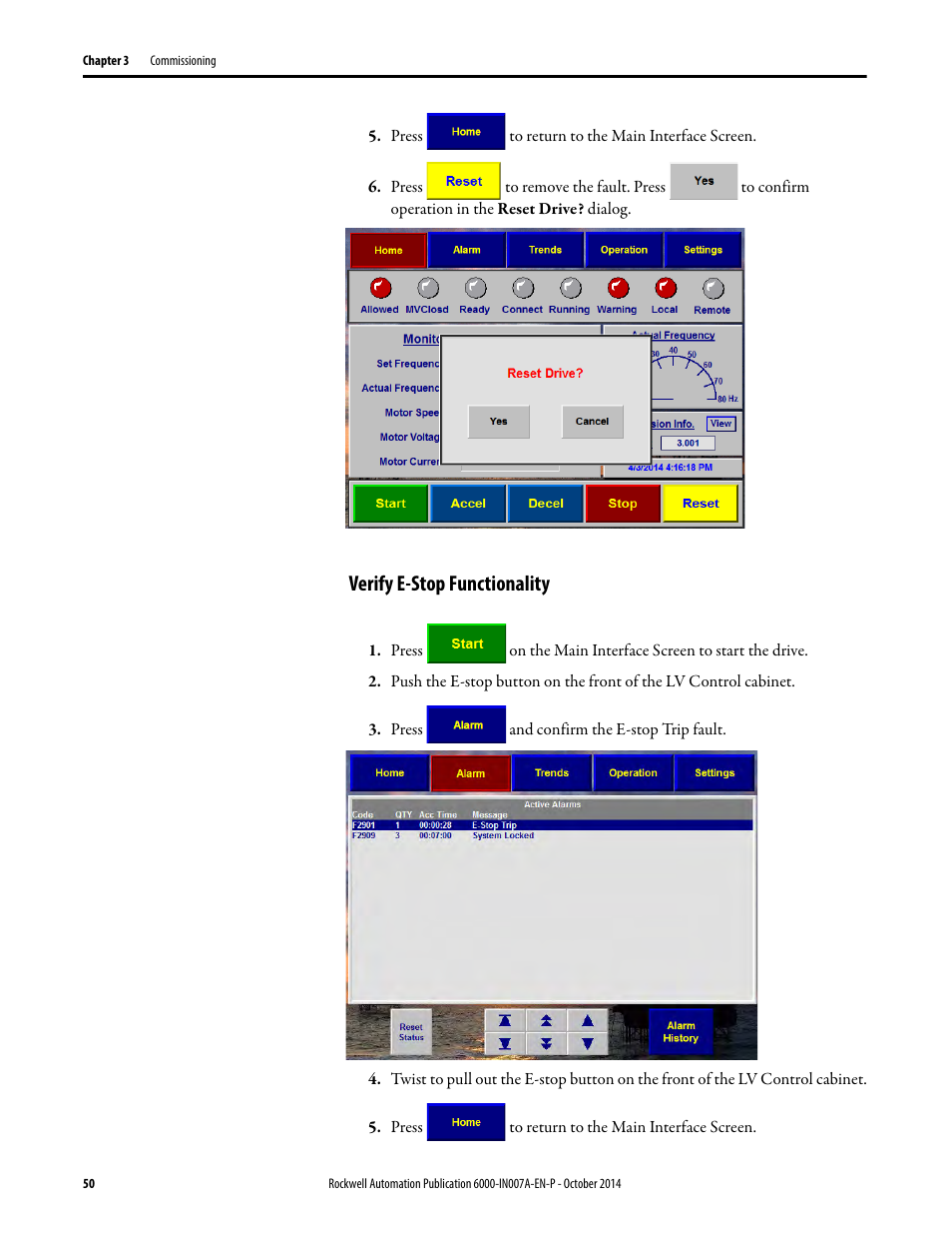 Verify e-stop functionality | Rockwell Automation 6000 PowerFlex Medium Voltage Variable Frequency Drive Commissioning Manual User Manual | Page 50 / 98