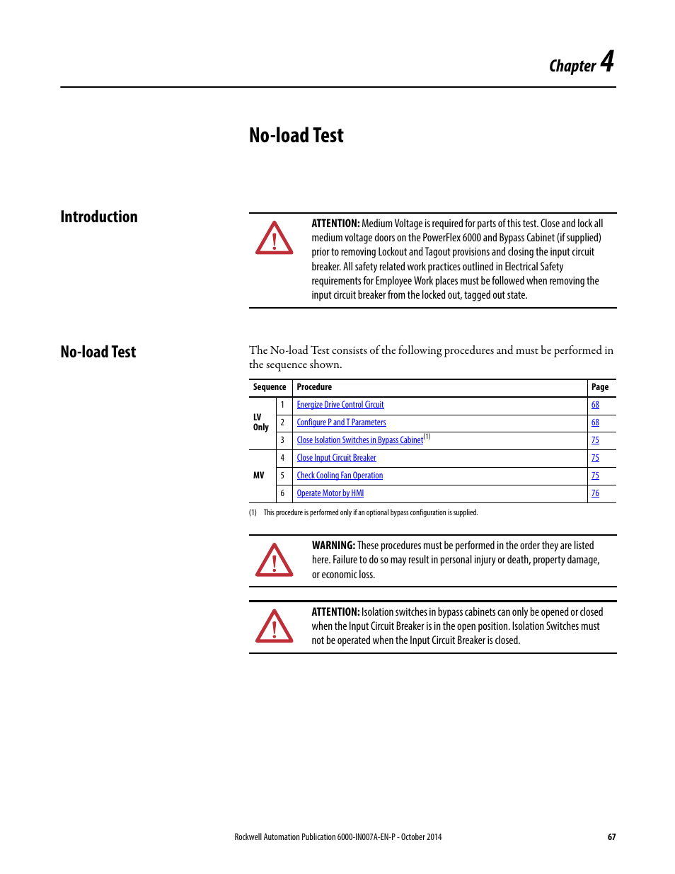 4 - no-load test, Introduction, No-load test | Chapter 4, Introduction no-load test, Chapter | Rockwell Automation 6000 PowerFlex Medium Voltage Variable Frequency Drive Commissioning Manual User Manual | Page 67 / 98
