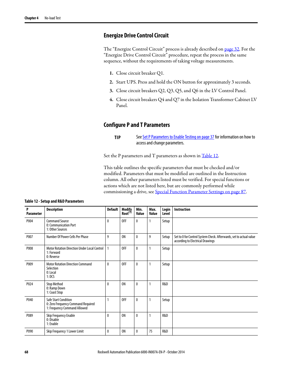 Energize drive control circuit, Configure p and t parameters | Rockwell Automation 6000 PowerFlex Medium Voltage Variable Frequency Drive Commissioning Manual User Manual | Page 68 / 98