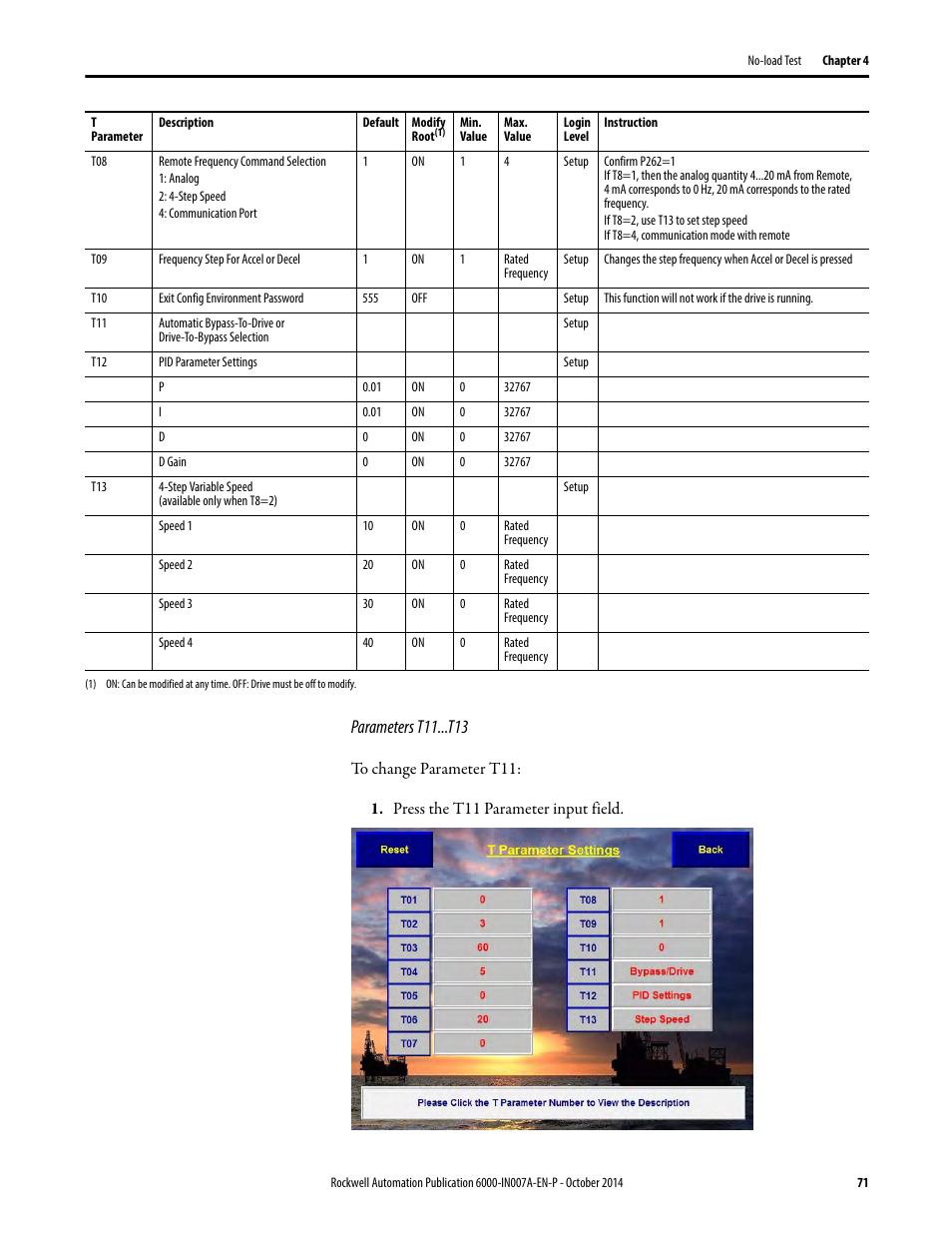 Parameters t11...t13 | Rockwell Automation 6000 PowerFlex Medium Voltage Variable Frequency Drive Commissioning Manual User Manual | Page 71 / 98