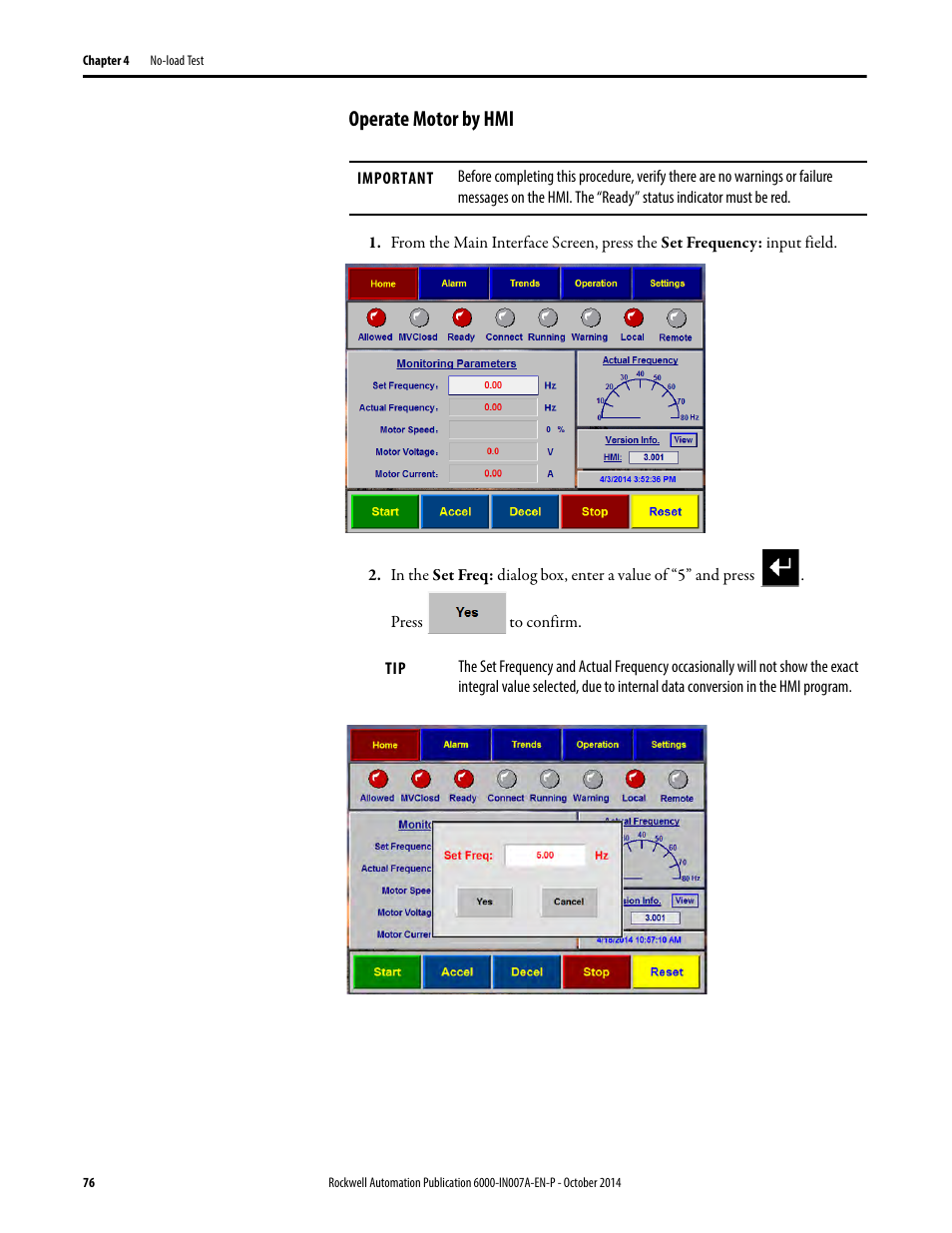 Operate motor by hmi | Rockwell Automation 6000 PowerFlex Medium Voltage Variable Frequency Drive Commissioning Manual User Manual | Page 76 / 98