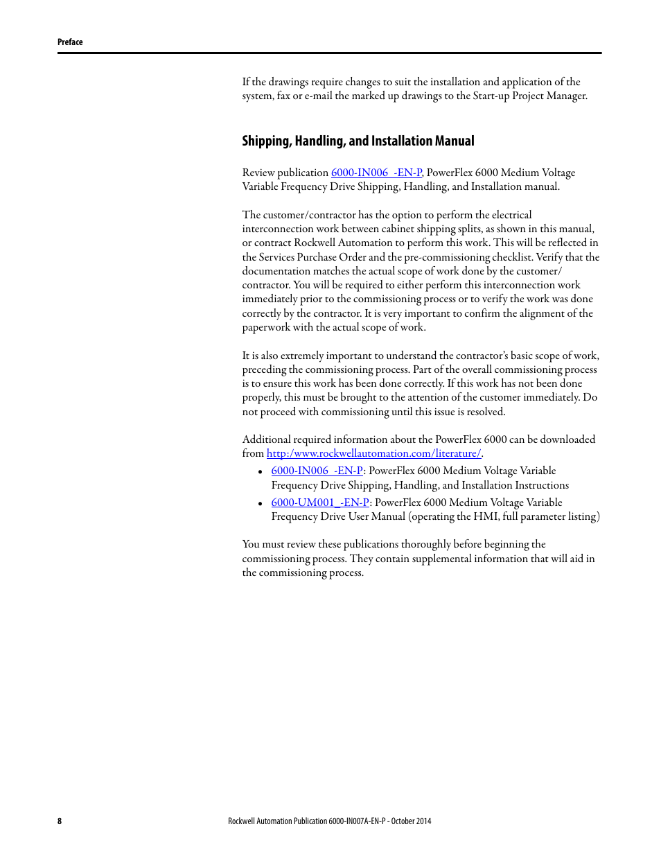 Shipping, handling, and installation manual | Rockwell Automation 6000 PowerFlex Medium Voltage Variable Frequency Drive Commissioning Manual User Manual | Page 8 / 98