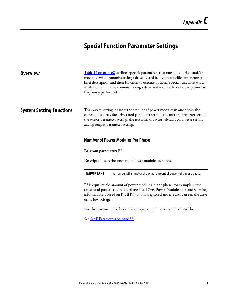 C - special function parameter settings, Overview, System setting functions | Number of power modules per phase, Appendix c, Special function parameter settings, Overview system setting functions, Appendix | Rockwell Automation 6000 PowerFlex Medium Voltage Variable Frequency Drive Commissioning Manual User Manual | Page 87 / 98