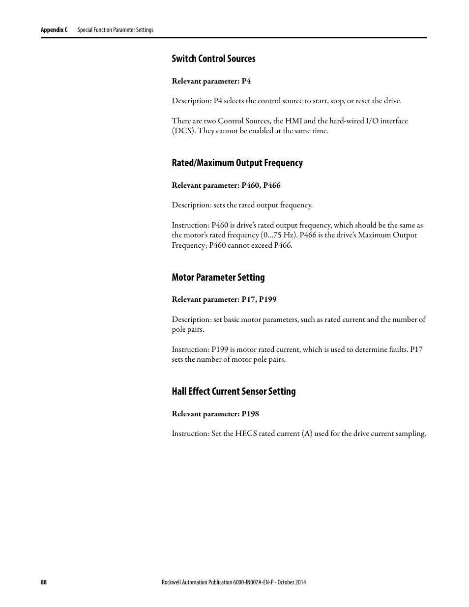 Switch control sources, Rated/maximum output frequency, Motor parameter setting | Hall effect current sensor setting | Rockwell Automation 6000 PowerFlex Medium Voltage Variable Frequency Drive Commissioning Manual User Manual | Page 88 / 98