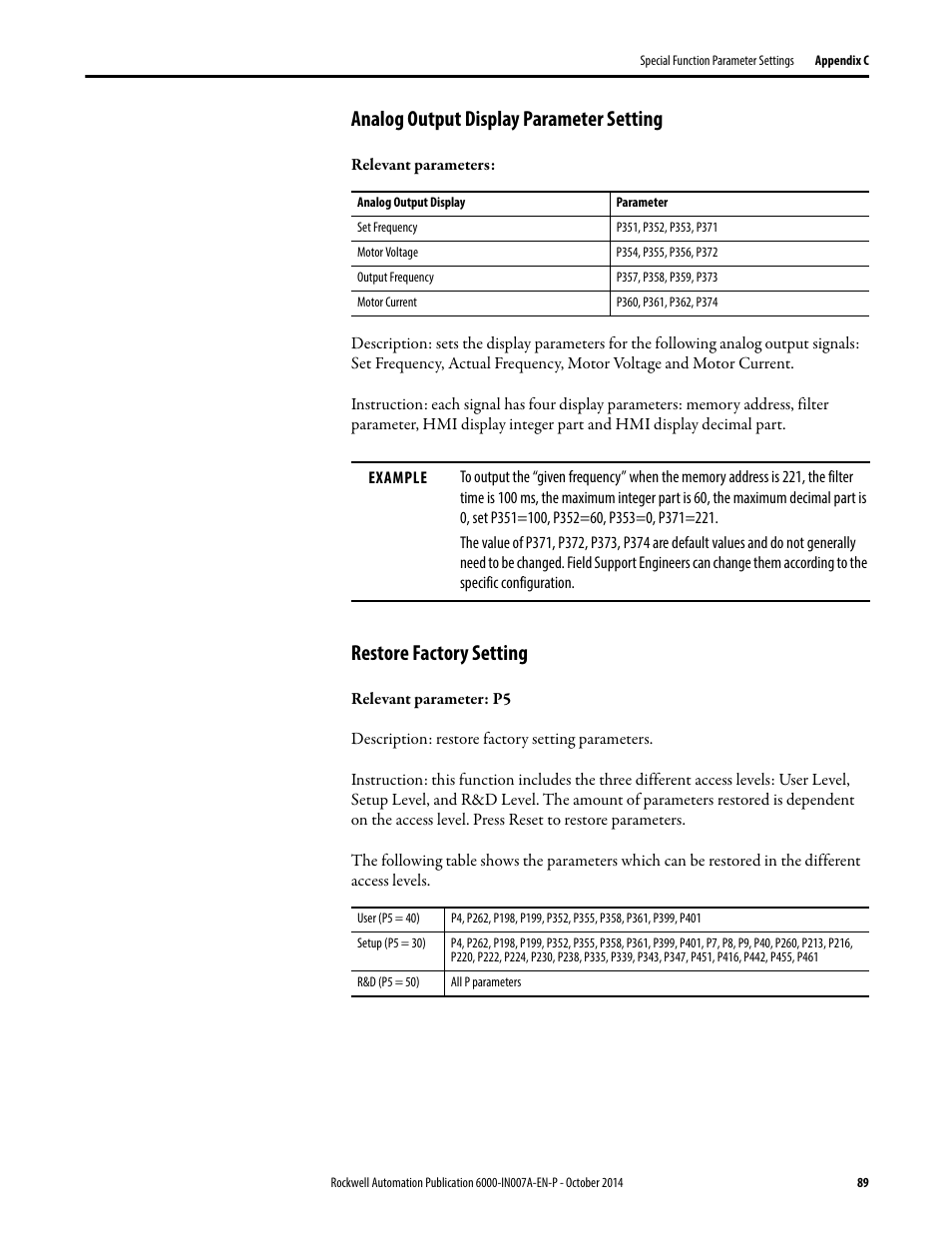 Analog output display parameter setting, Restore factory setting | Rockwell Automation 6000 PowerFlex Medium Voltage Variable Frequency Drive Commissioning Manual User Manual | Page 89 / 98