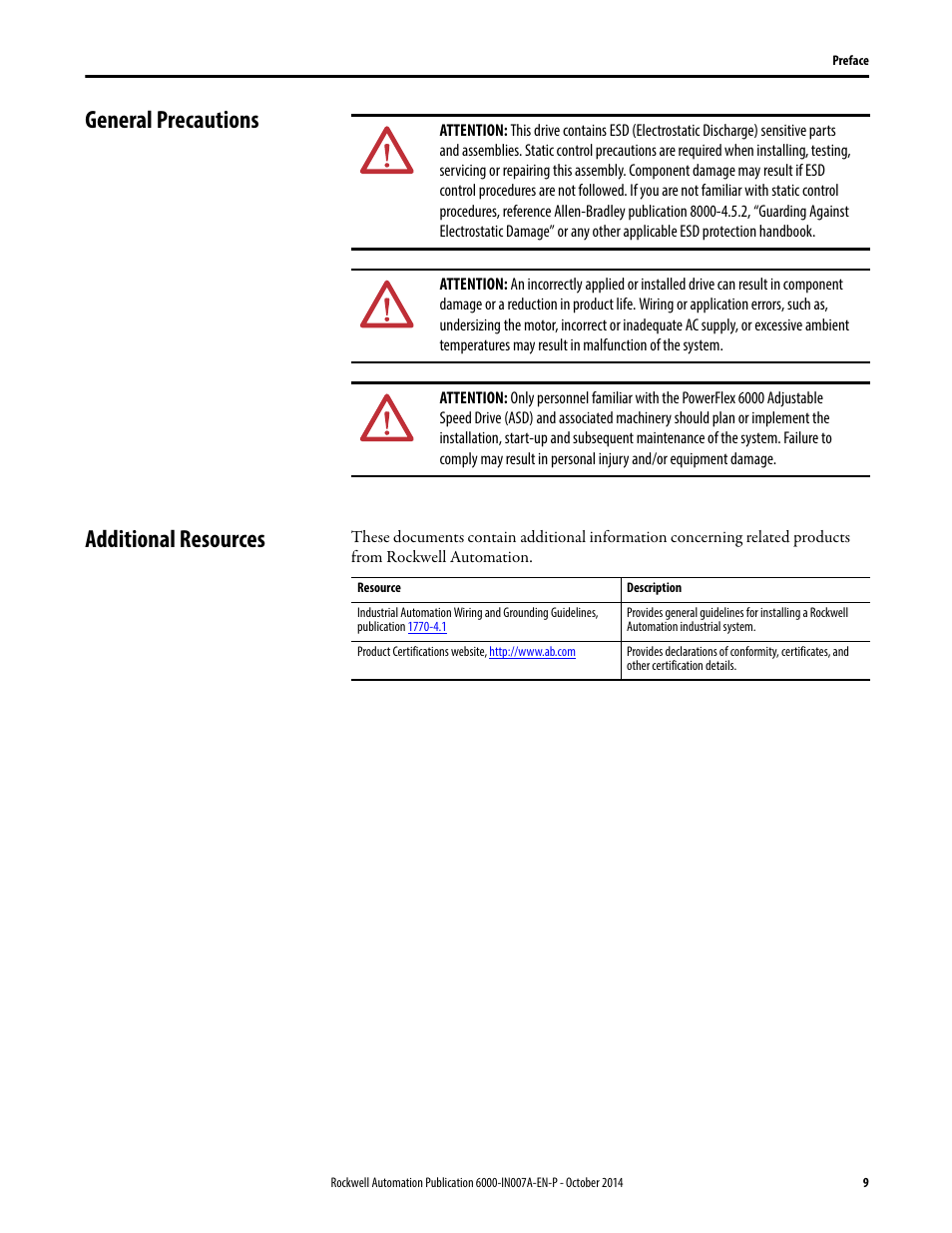 General precautions, Additional resources, General precautions additional resources | Rockwell Automation 6000 PowerFlex Medium Voltage Variable Frequency Drive Commissioning Manual User Manual | Page 9 / 98