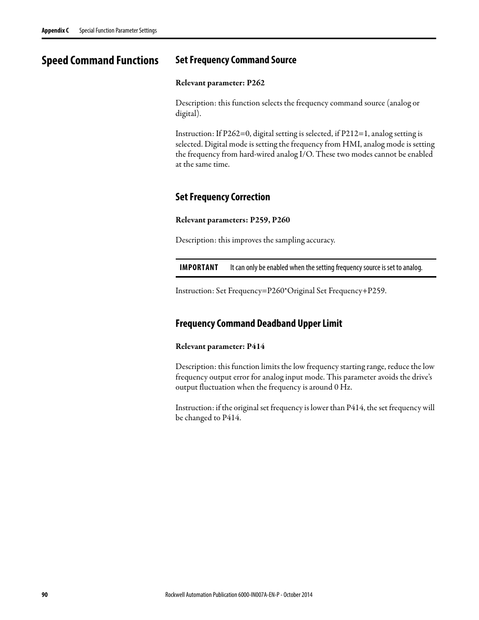 Speed command functions, Set frequency command source, Set frequency correction | Frequency command deadband upper limit | Rockwell Automation 6000 PowerFlex Medium Voltage Variable Frequency Drive Commissioning Manual User Manual | Page 90 / 98