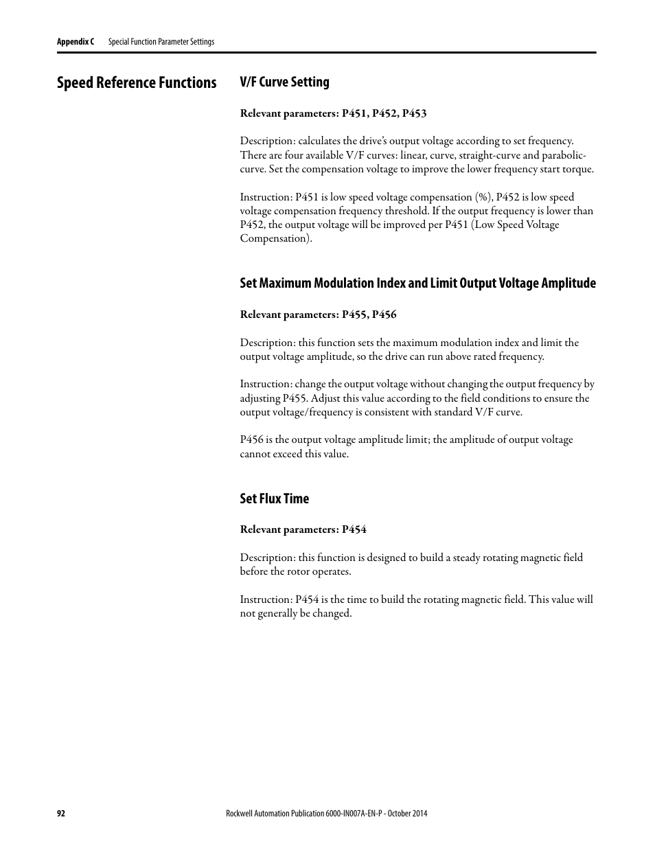 Speed reference functions, V/f curve setting, Set flux time | Rockwell Automation 6000 PowerFlex Medium Voltage Variable Frequency Drive Commissioning Manual User Manual | Page 92 / 98