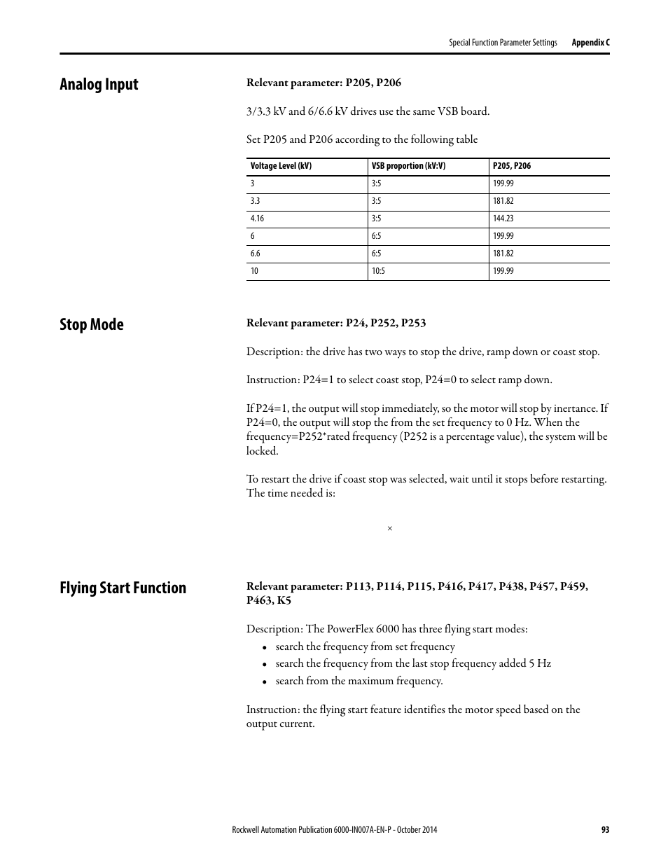 Analog input, Stop mode, Flying start function | Analog input stop mode flying start function | Rockwell Automation 6000 PowerFlex Medium Voltage Variable Frequency Drive Commissioning Manual User Manual | Page 93 / 98