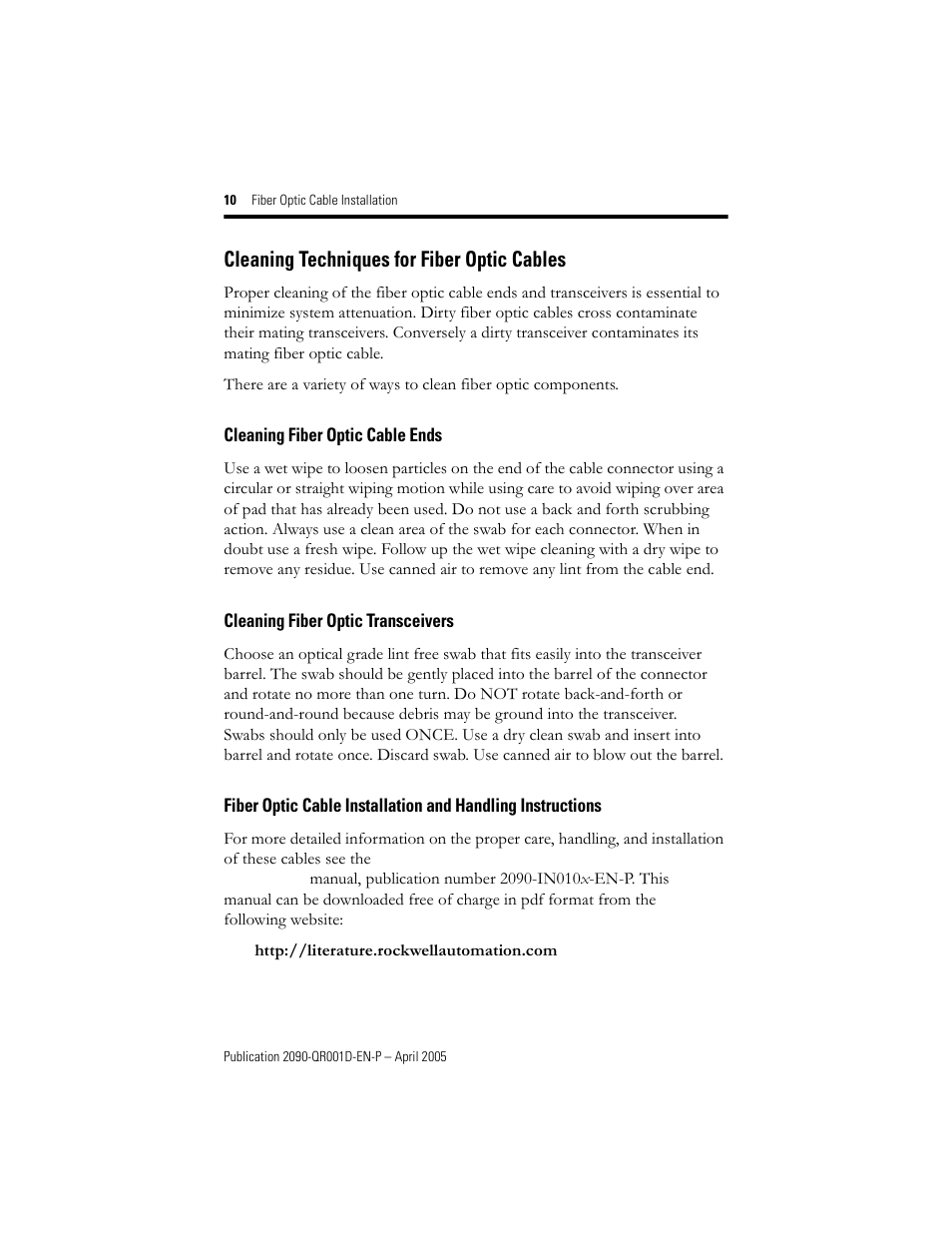 Cleaning techniques for fiber optic cables, Cleaning fiber optic cable ends, Cleaning fiber optic transceivers | Rockwell Automation 2090-SCVPx Fiber Optic Cable Installation Quick Reference User Manual | Page 10 / 12