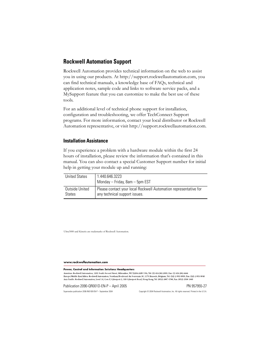 Rockwell automation support, Backcover, Installation assistance | Rockwell Automation 2090-SCVPx Fiber Optic Cable Installation Quick Reference User Manual | Page 12 / 12