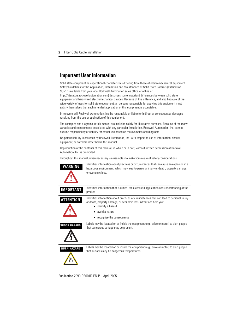 Important user information | Rockwell Automation 2090-SCVPx Fiber Optic Cable Installation Quick Reference User Manual | Page 2 / 12