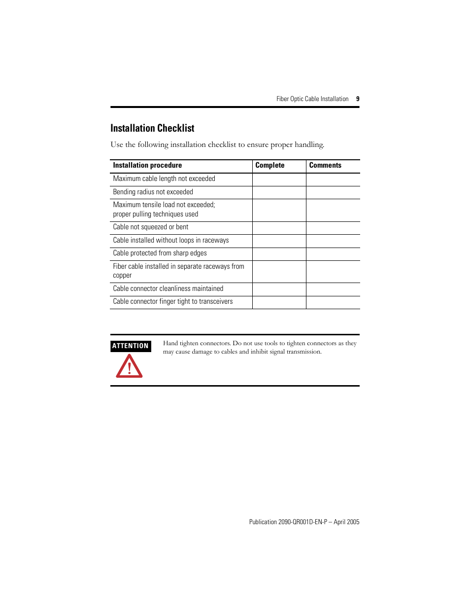 Installation checklist | Rockwell Automation 2090-SCVPx Fiber Optic Cable Installation Quick Reference User Manual | Page 9 / 12