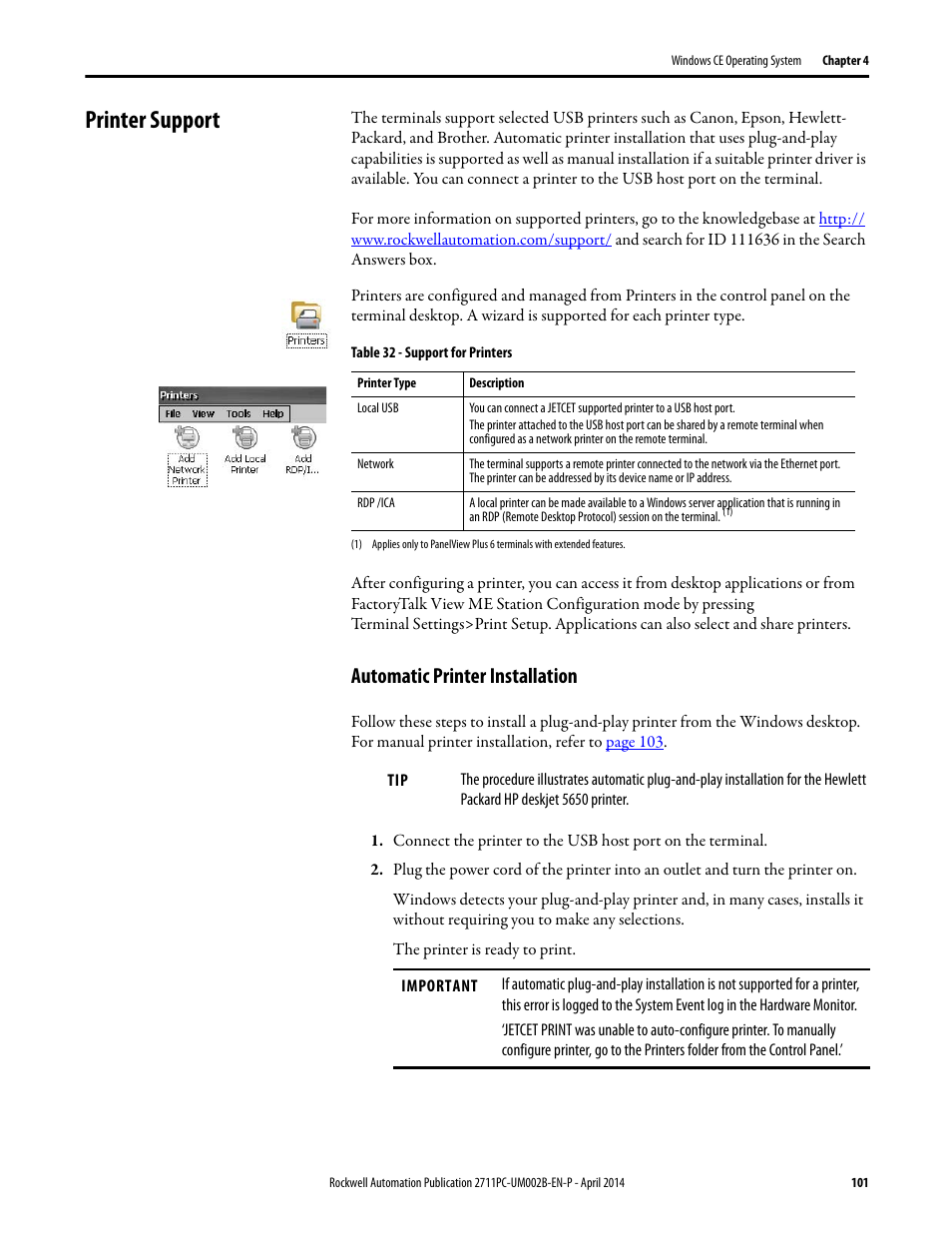Printer support, Automatic printer installation | Rockwell Automation 2711PC-xxxx PanelView Plus 6 Compact Terminals User Manual User Manual | Page 101 / 162