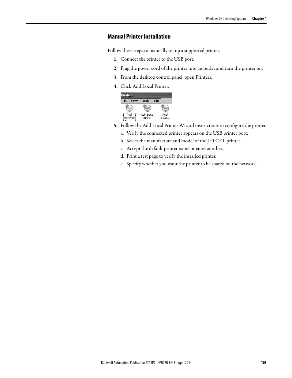 Manual printer installation | Rockwell Automation 2711PC-xxxx PanelView Plus 6 Compact Terminals User Manual User Manual | Page 103 / 162