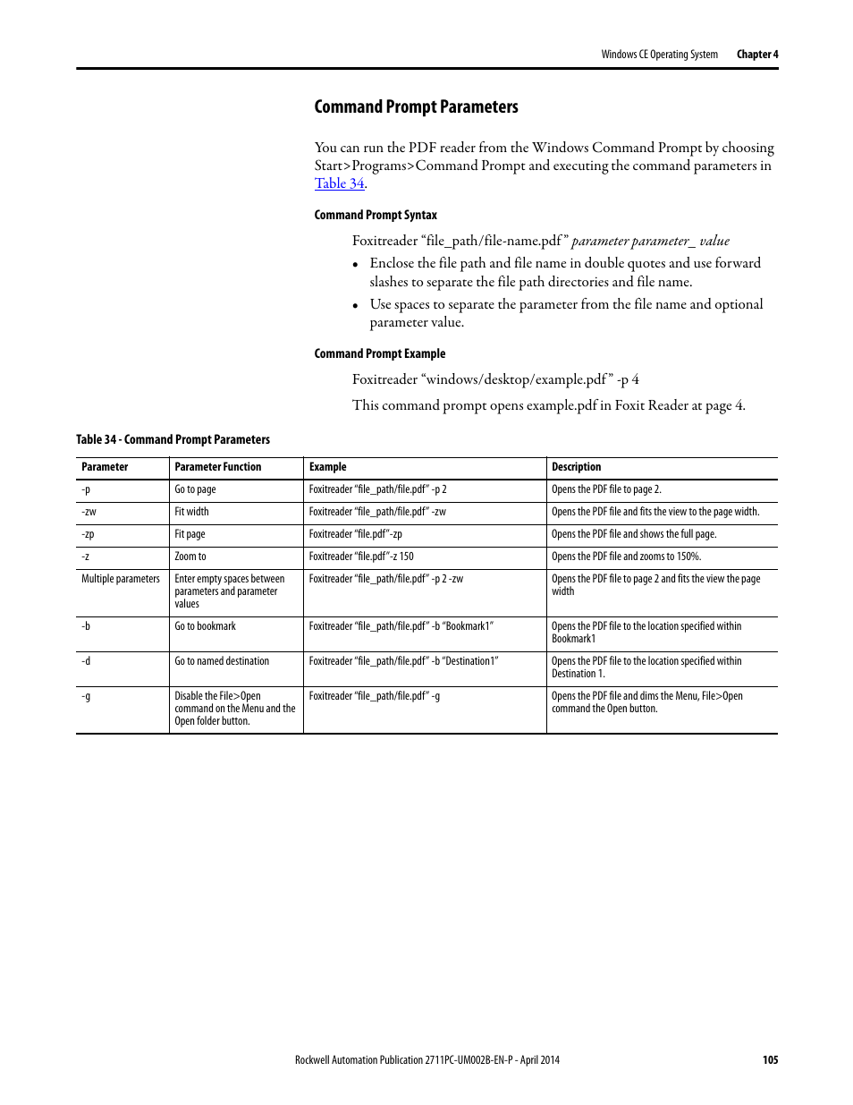 Command prompt parameters | Rockwell Automation 2711PC-xxxx PanelView Plus 6 Compact Terminals User Manual User Manual | Page 105 / 162