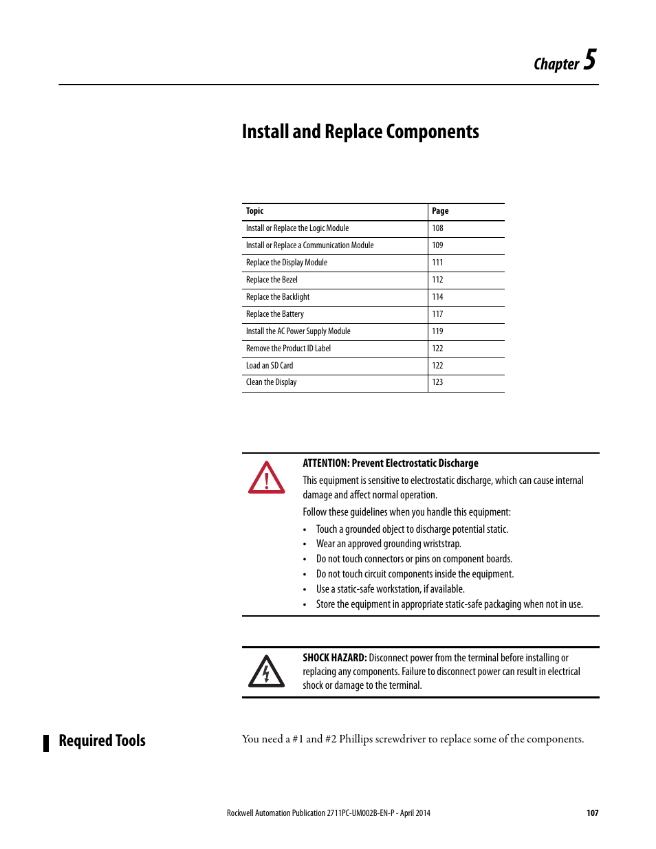 5 - install and replace components, Required tools, Chapter 5 | Install and replace components, Chapter | Rockwell Automation 2711PC-xxxx PanelView Plus 6 Compact Terminals User Manual User Manual | Page 107 / 162