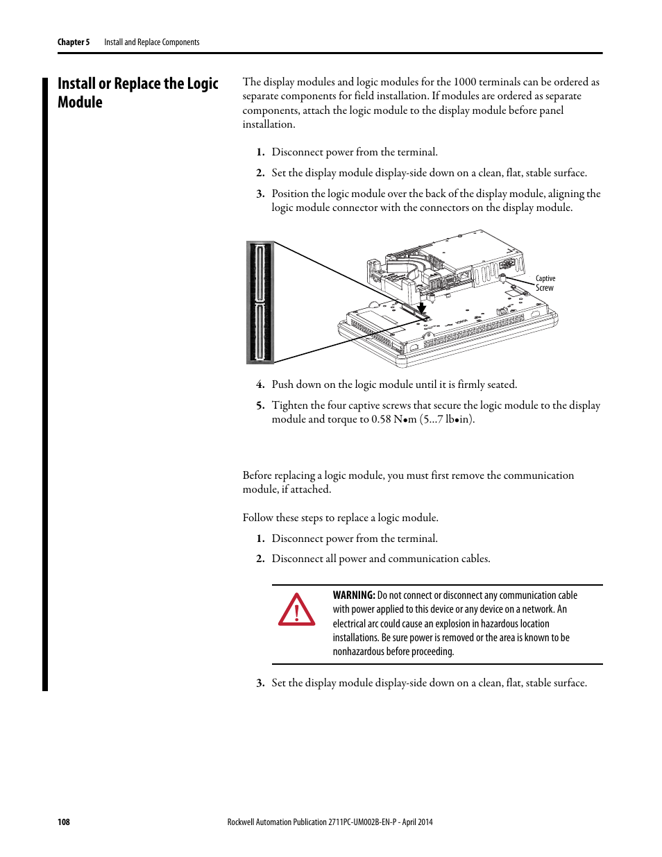 Install or replace the logic module | Rockwell Automation 2711PC-xxxx PanelView Plus 6 Compact Terminals User Manual User Manual | Page 108 / 162