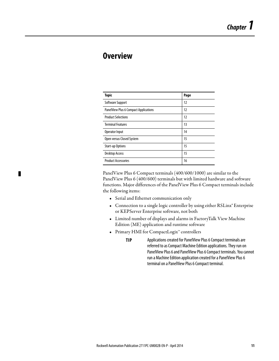1 - overview, Chapter 1, Overview | Chapter | Rockwell Automation 2711PC-xxxx PanelView Plus 6 Compact Terminals User Manual User Manual | Page 11 / 162
