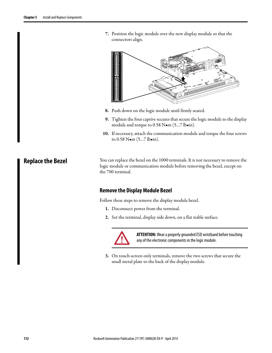 Replace the bezel, Remove the display module bezel | Rockwell Automation 2711PC-xxxx PanelView Plus 6 Compact Terminals User Manual User Manual | Page 112 / 162