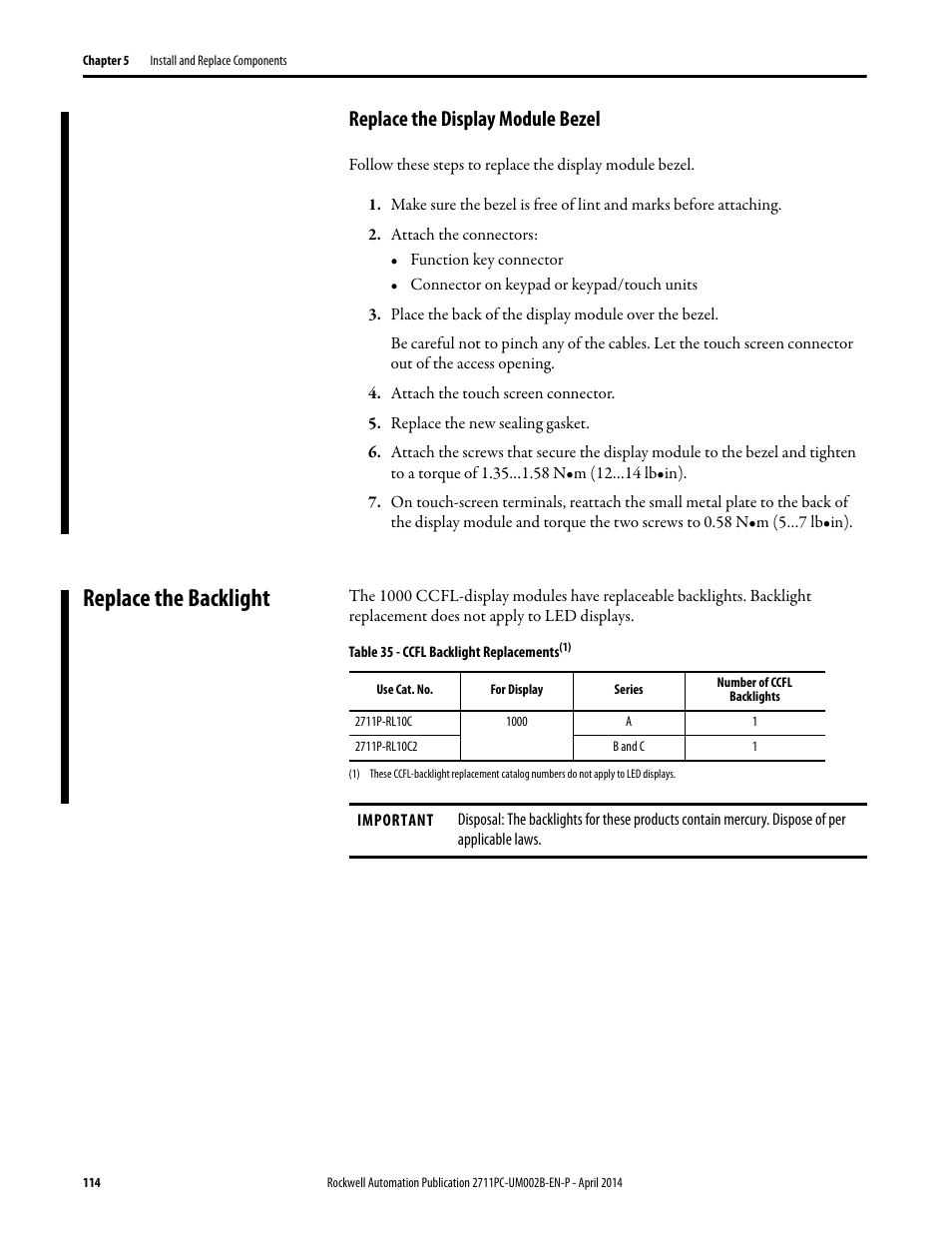 Replace the display module bezel, Replace the backlight | Rockwell Automation 2711PC-xxxx PanelView Plus 6 Compact Terminals User Manual User Manual | Page 114 / 162