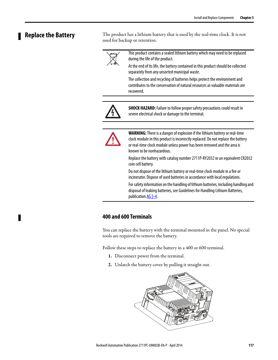 Replace the battery, 400 and 600 terminals | Rockwell Automation 2711PC-xxxx PanelView Plus 6 Compact Terminals User Manual User Manual | Page 117 / 162
