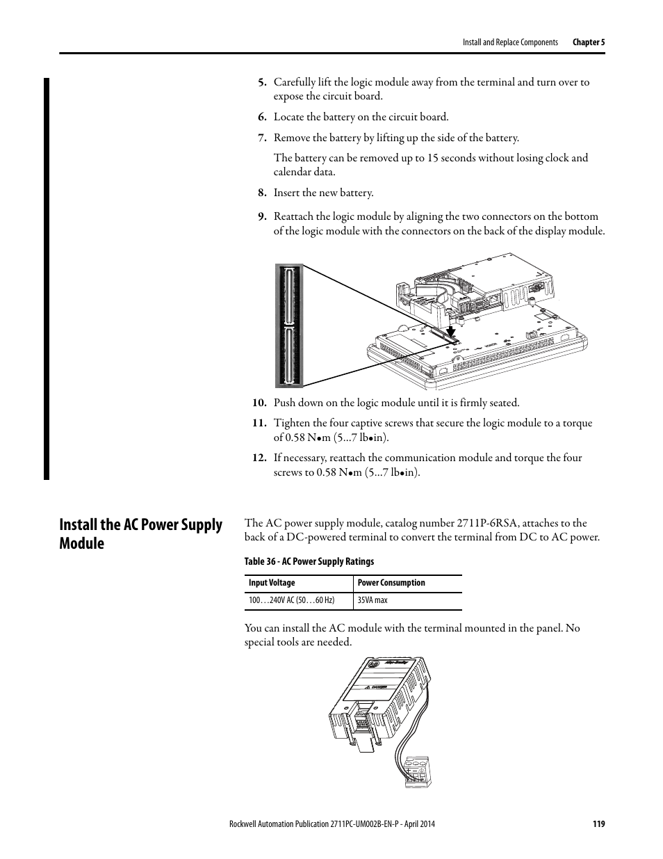 Install the ac power supply module | Rockwell Automation 2711PC-xxxx PanelView Plus 6 Compact Terminals User Manual User Manual | Page 119 / 162