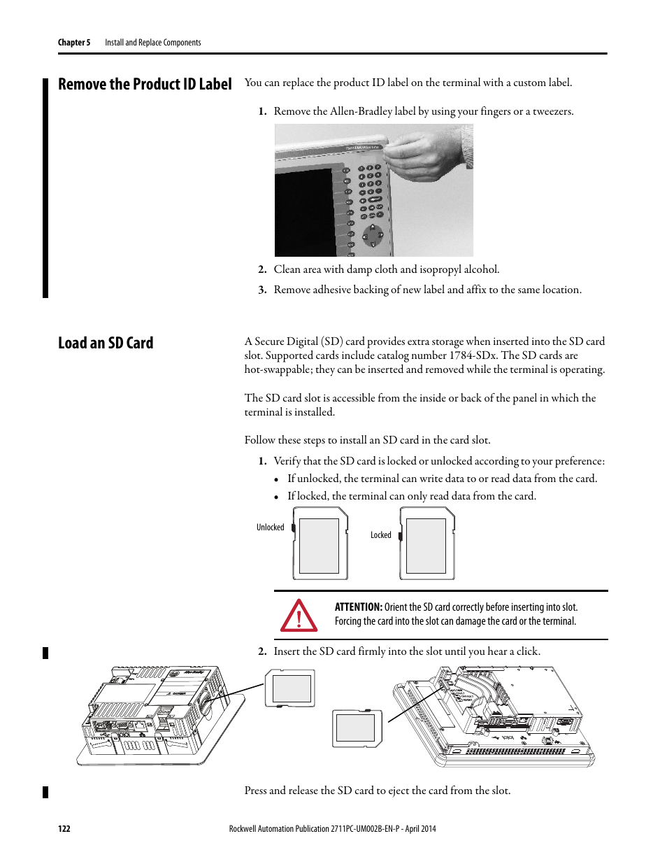 Remove the product id label, Load an sd card, Remove the product id label load an sd card | Rockwell Automation 2711PC-xxxx PanelView Plus 6 Compact Terminals User Manual User Manual | Page 122 / 162