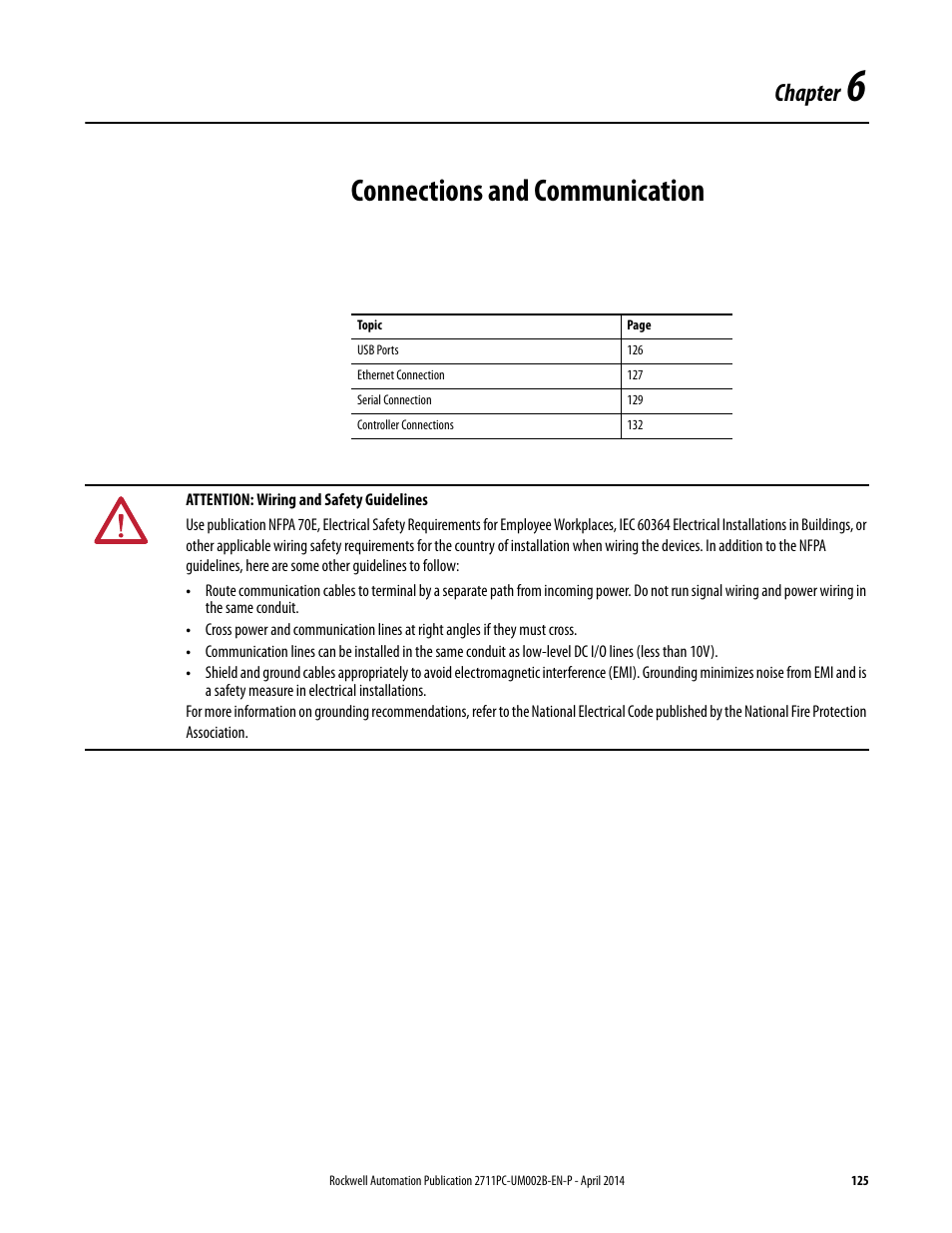 6 - connections and communication, Chapter 6, Connections and communication | Chapter | Rockwell Automation 2711PC-xxxx PanelView Plus 6 Compact Terminals User Manual User Manual | Page 125 / 162