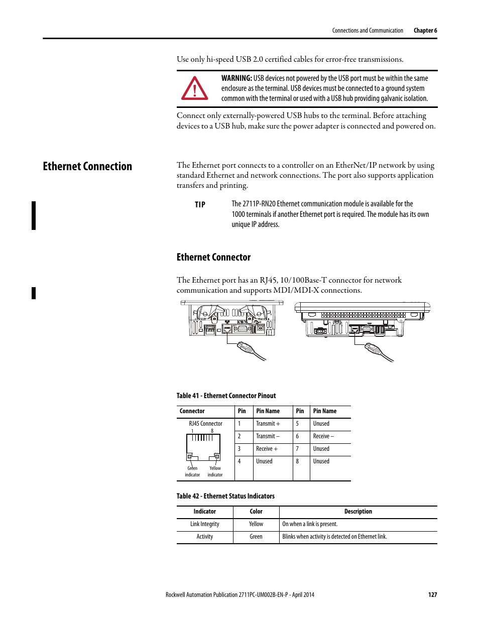 Ethernet connection, Ethernet connector | Rockwell Automation 2711PC-xxxx PanelView Plus 6 Compact Terminals User Manual User Manual | Page 127 / 162