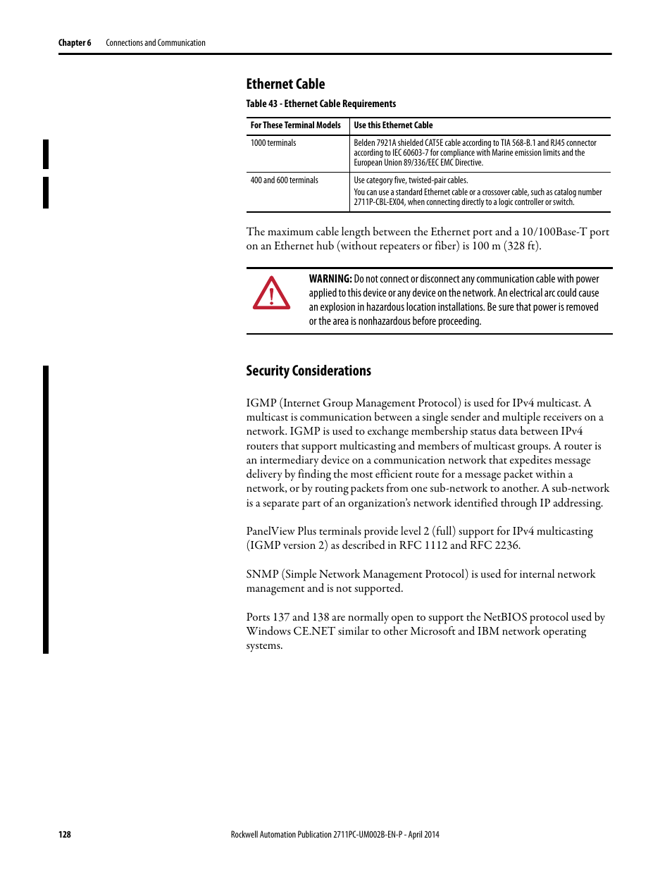 Ethernet cable, Security considerations | Rockwell Automation 2711PC-xxxx PanelView Plus 6 Compact Terminals User Manual User Manual | Page 128 / 162