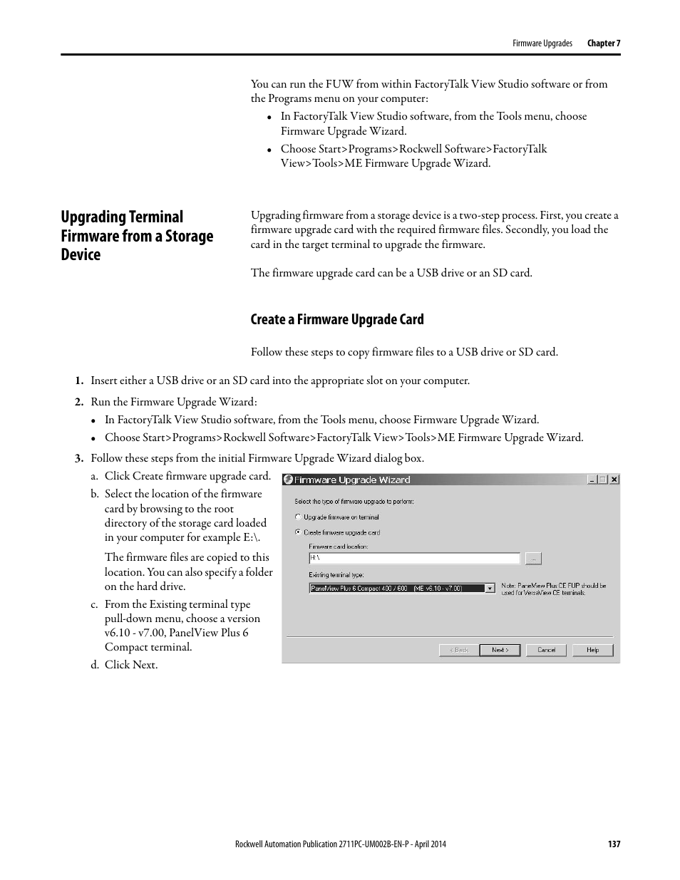 Upgrading terminal firmware from a storage device, Create a firmware upgrade card | Rockwell Automation 2711PC-xxxx PanelView Plus 6 Compact Terminals User Manual User Manual | Page 137 / 162