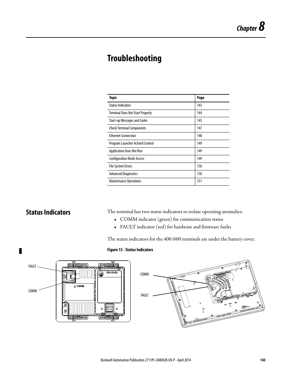 8 - troubleshooting, Status indicators, Chapter 8 | Troubleshooting, Chapter | Rockwell Automation 2711PC-xxxx PanelView Plus 6 Compact Terminals User Manual User Manual | Page 143 / 162