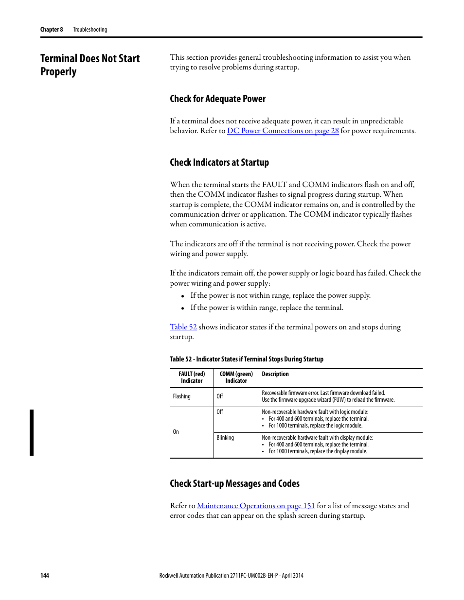 Terminal does not start properly, Check for adequate power, Check indicators at startup | Check start-up messages and codes | Rockwell Automation 2711PC-xxxx PanelView Plus 6 Compact Terminals User Manual User Manual | Page 144 / 162