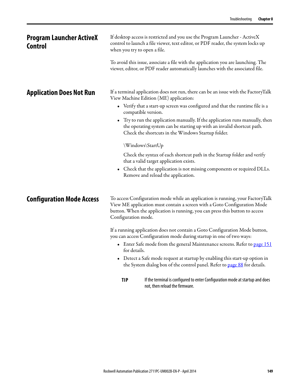 Program launcher activex control, Application does not run, Configuration mode access | Refer to | Rockwell Automation 2711PC-xxxx PanelView Plus 6 Compact Terminals User Manual User Manual | Page 149 / 162