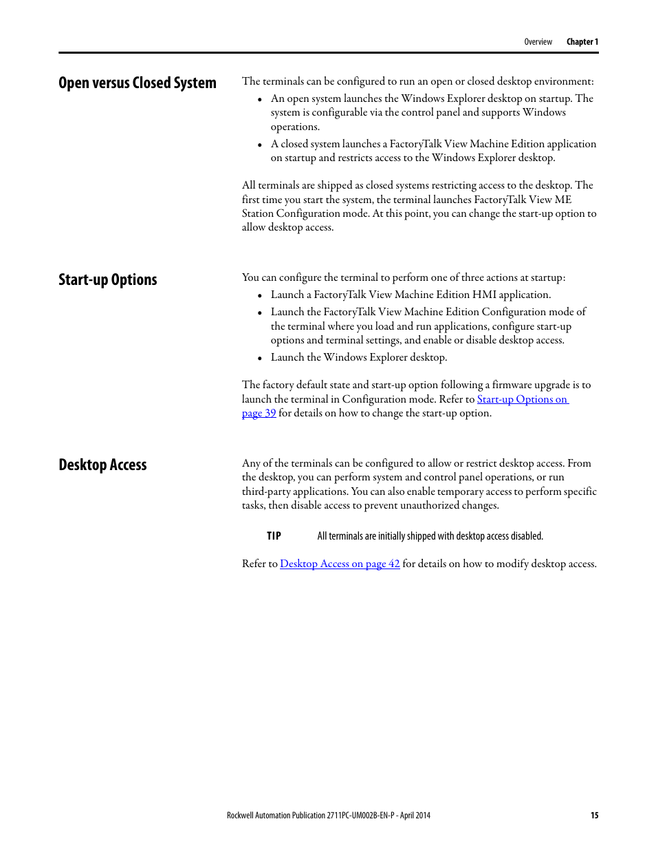 Open versus closed system, Start-up options, Desktop access | Rockwell Automation 2711PC-xxxx PanelView Plus 6 Compact Terminals User Manual User Manual | Page 15 / 162