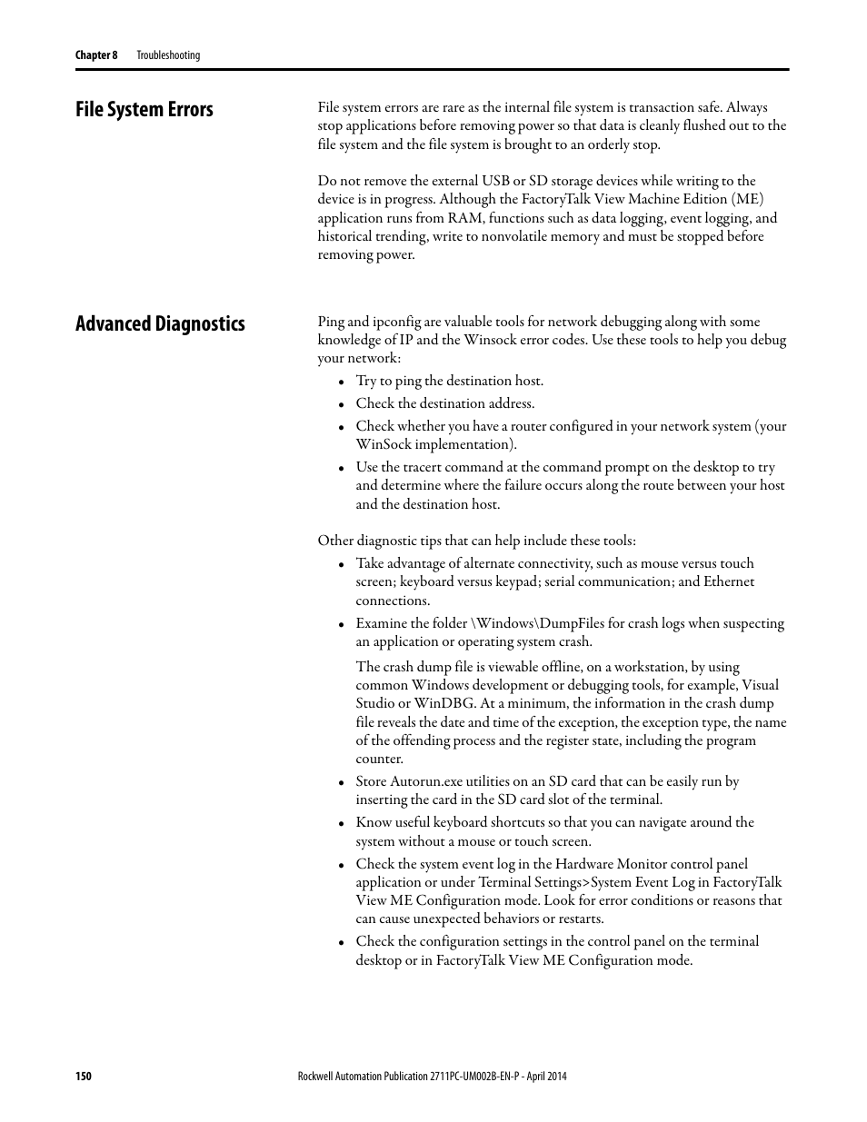 File system errors, Advanced diagnostics, File system errors advanced diagnostics | Rockwell Automation 2711PC-xxxx PanelView Plus 6 Compact Terminals User Manual User Manual | Page 150 / 162