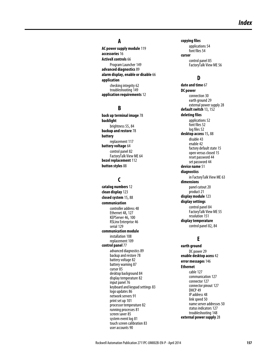 Index | Rockwell Automation 2711PC-xxxx PanelView Plus 6 Compact Terminals User Manual User Manual | Page 157 / 162