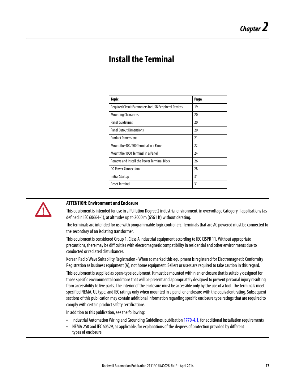2 - install the terminal, Chapter 2, Install the terminal | Chapter | Rockwell Automation 2711PC-xxxx PanelView Plus 6 Compact Terminals User Manual User Manual | Page 17 / 162