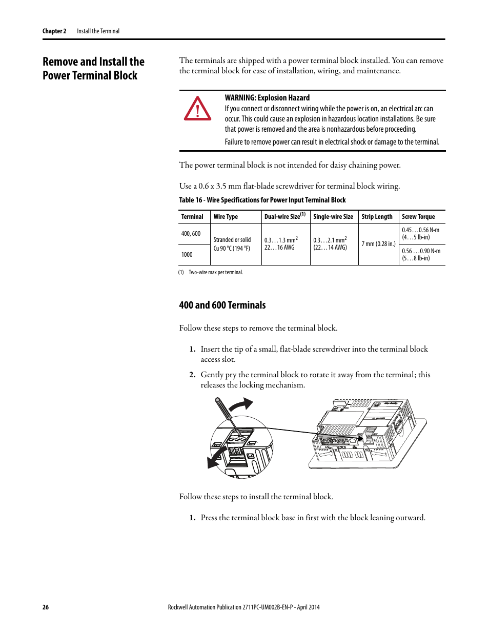 Remove and install the power terminal block, 400 and 600 terminals | Rockwell Automation 2711PC-xxxx PanelView Plus 6 Compact Terminals User Manual User Manual | Page 26 / 162