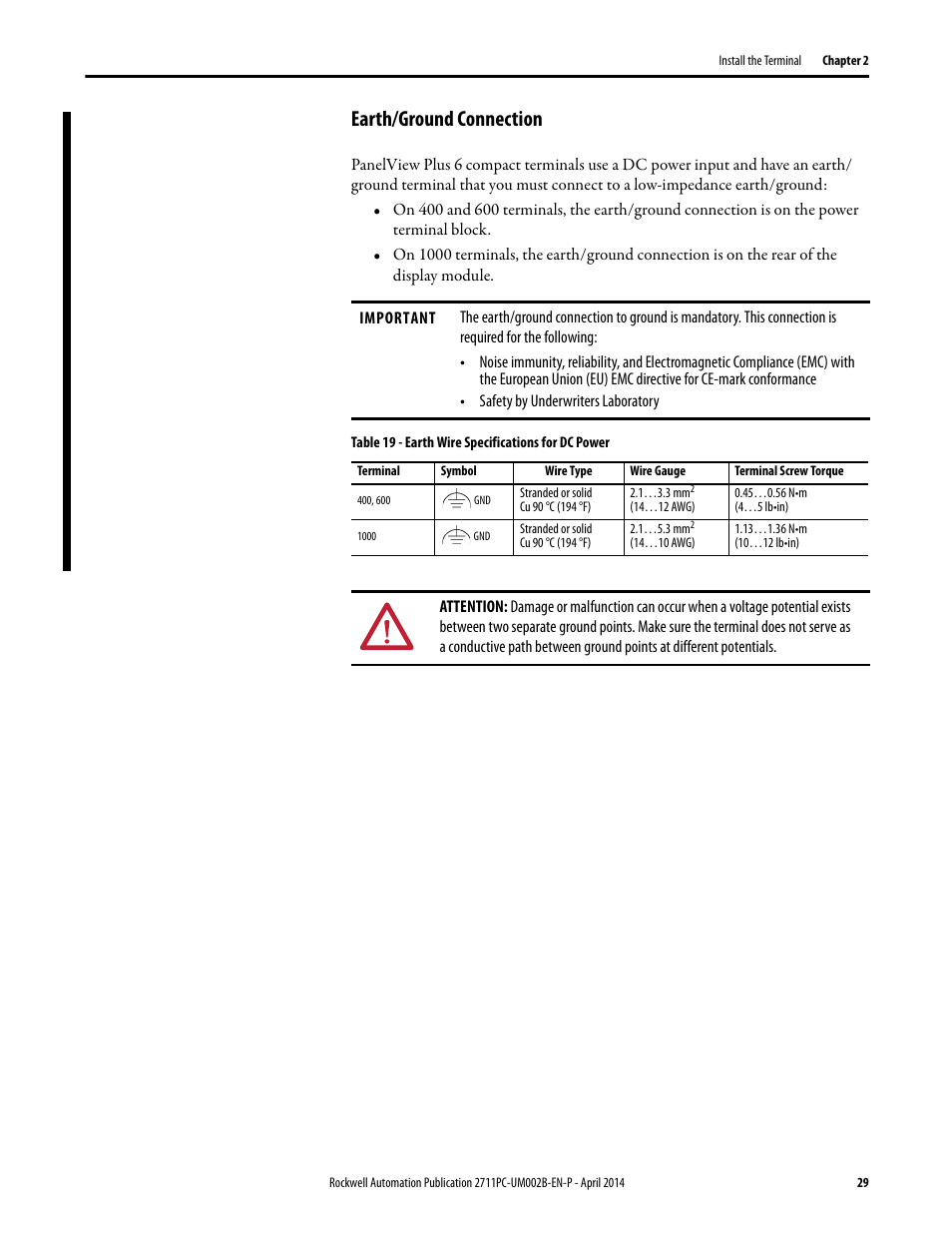 Earth/ground connection | Rockwell Automation 2711PC-xxxx PanelView Plus 6 Compact Terminals User Manual User Manual | Page 29 / 162
