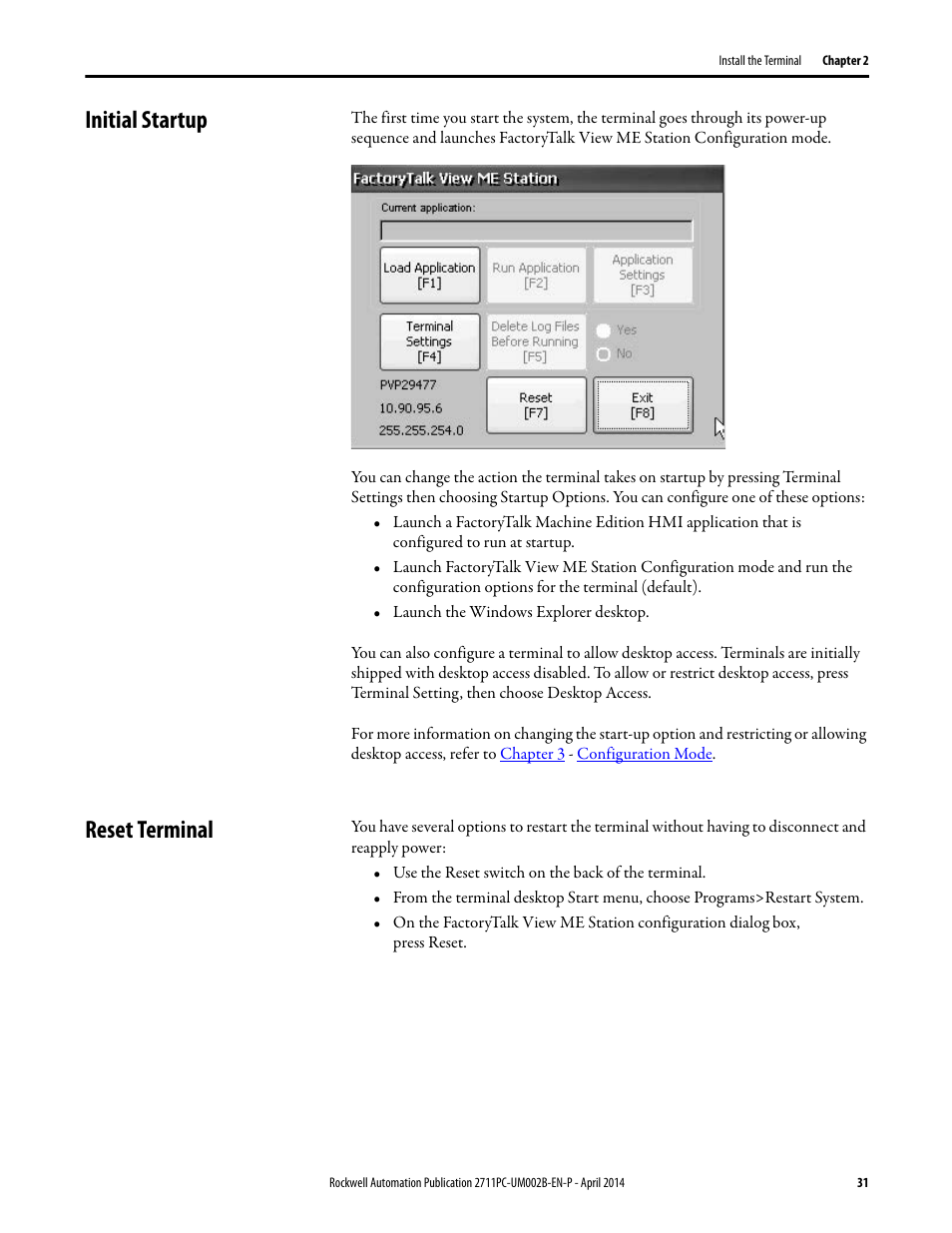Initial startup, Reset terminal, Initial startup reset terminal | Rockwell Automation 2711PC-xxxx PanelView Plus 6 Compact Terminals User Manual User Manual | Page 31 / 162