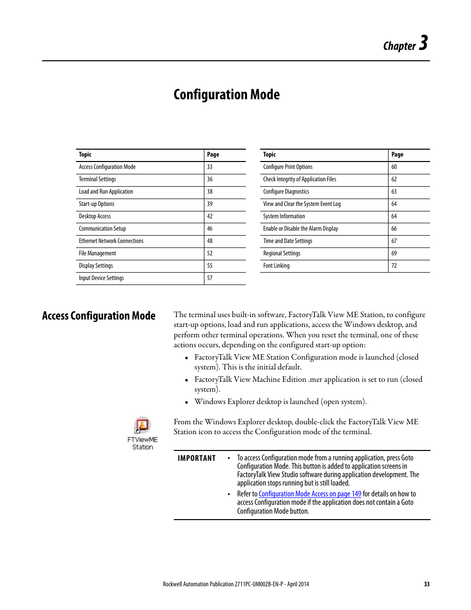 3 - configuration mode, Access configuration mode, Chapter 3 | Configuration mode, For w, Chapter | Rockwell Automation 2711PC-xxxx PanelView Plus 6 Compact Terminals User Manual User Manual | Page 33 / 162